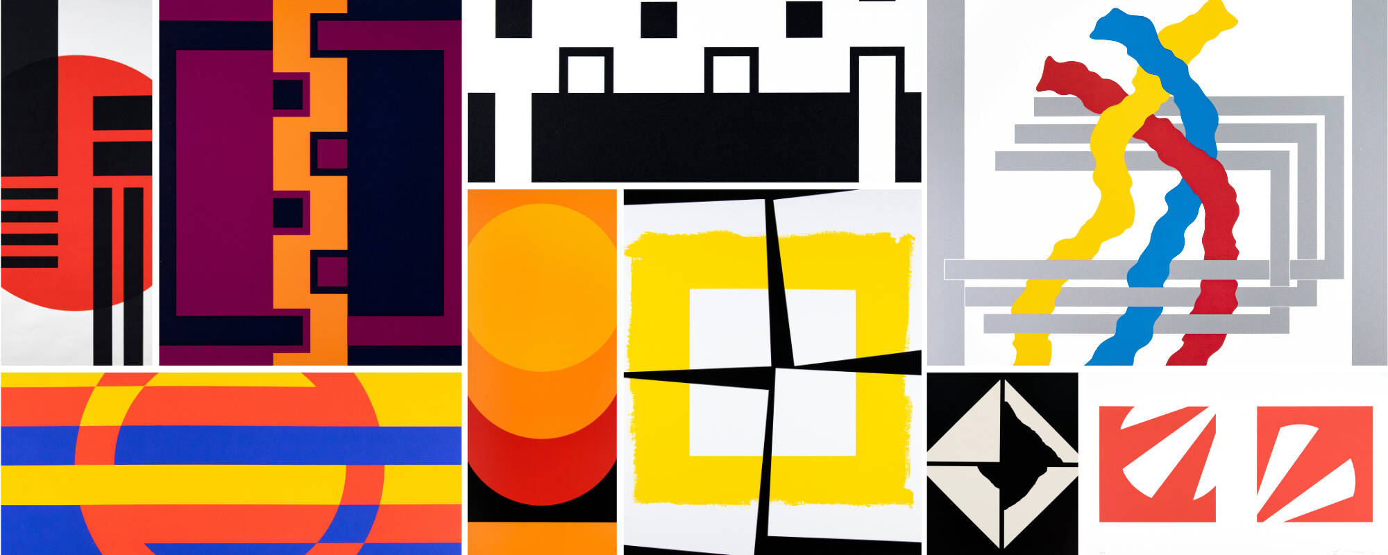 Collage of nine different images from the GVSU Art Museum Collection that showcase prints by artist Cyril Lixenberg.